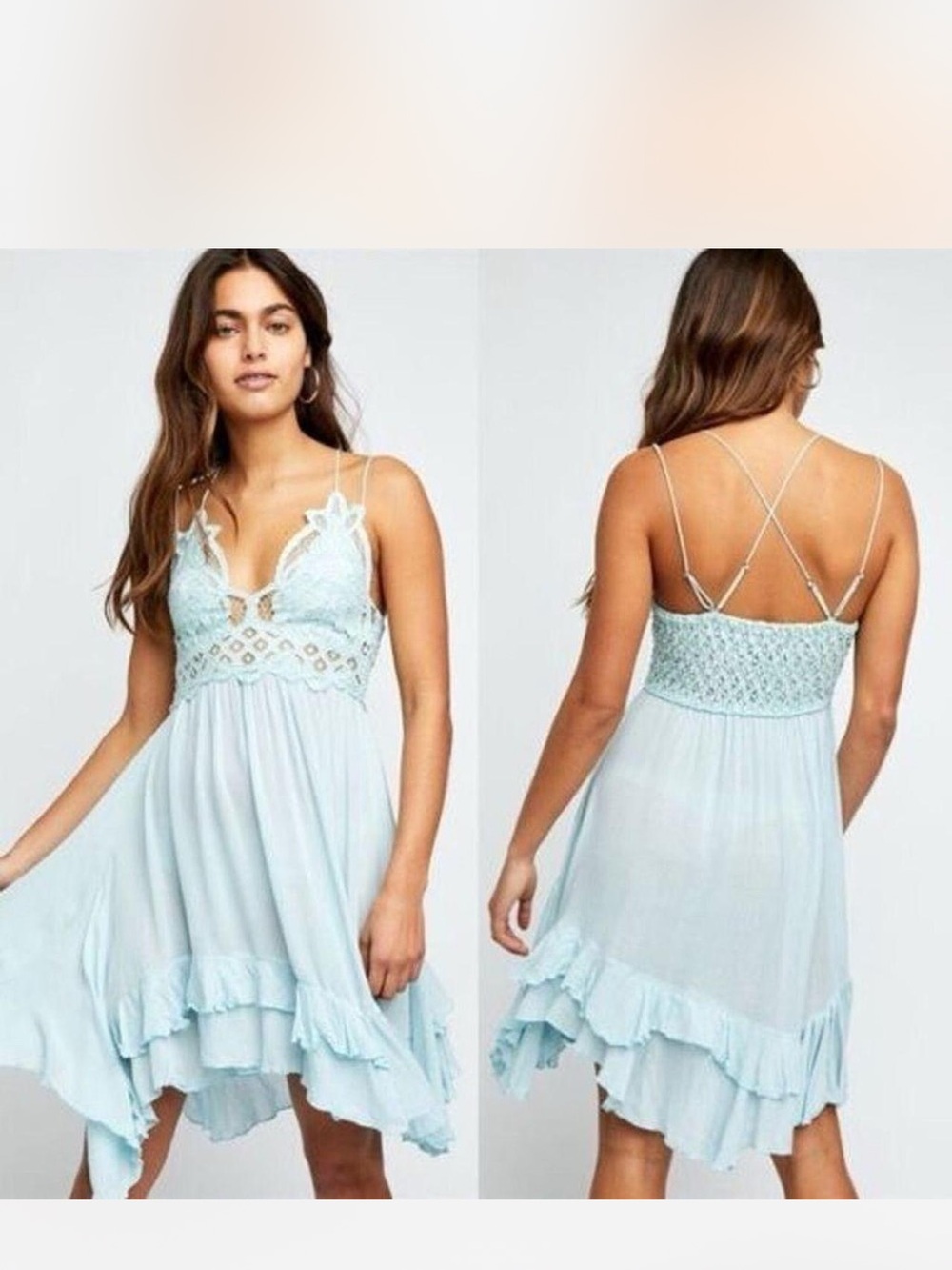 NWT Free People Blue Seawashed Adella Slip- Lace Crochet Asymmetrical Mini Dress